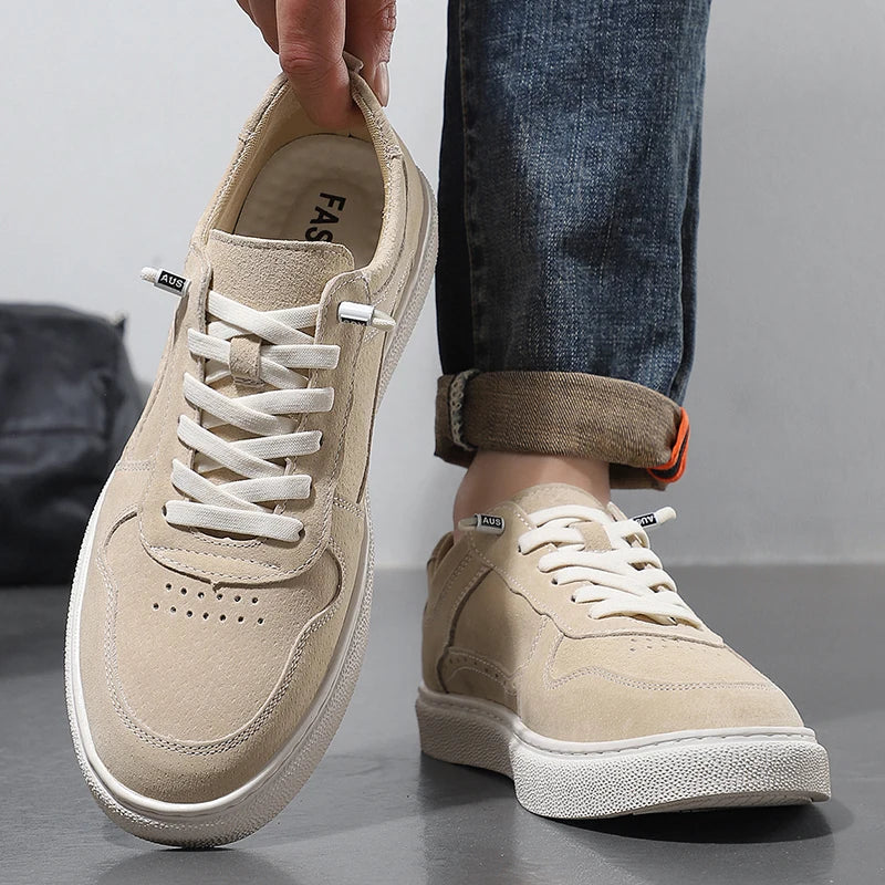 2025 Real Leather Men’s Sneakers – Korean Trend Style with Thick White Sole
