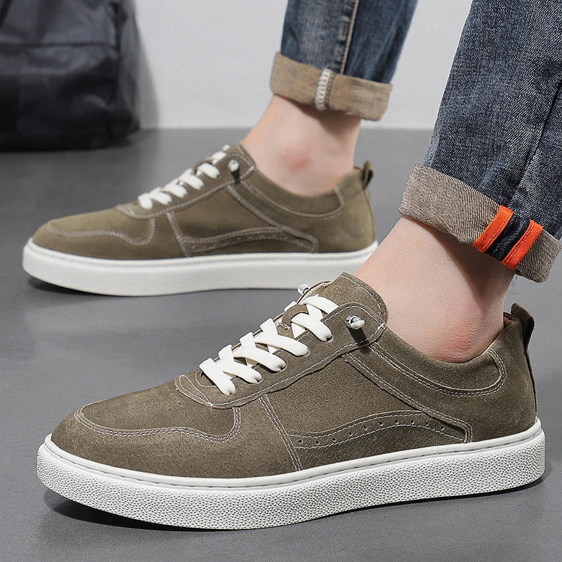 2025 Real Leather Men’s Sneakers – Korean Trend Style with Thick White Sole