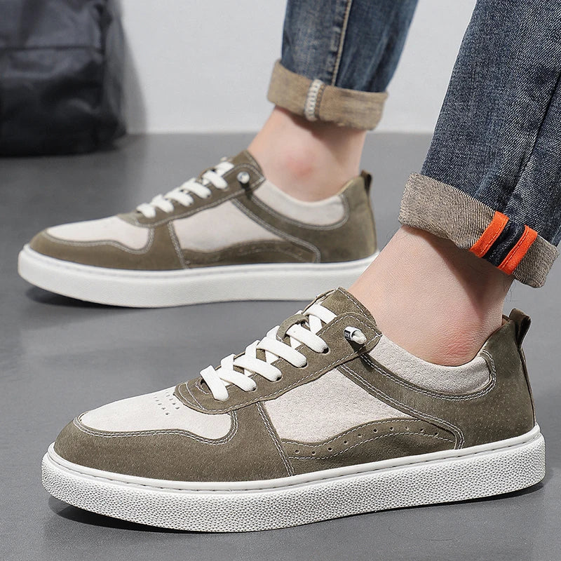 2025 Real Leather Men’s Sneakers – Korean Trend Style with Thick White Sole