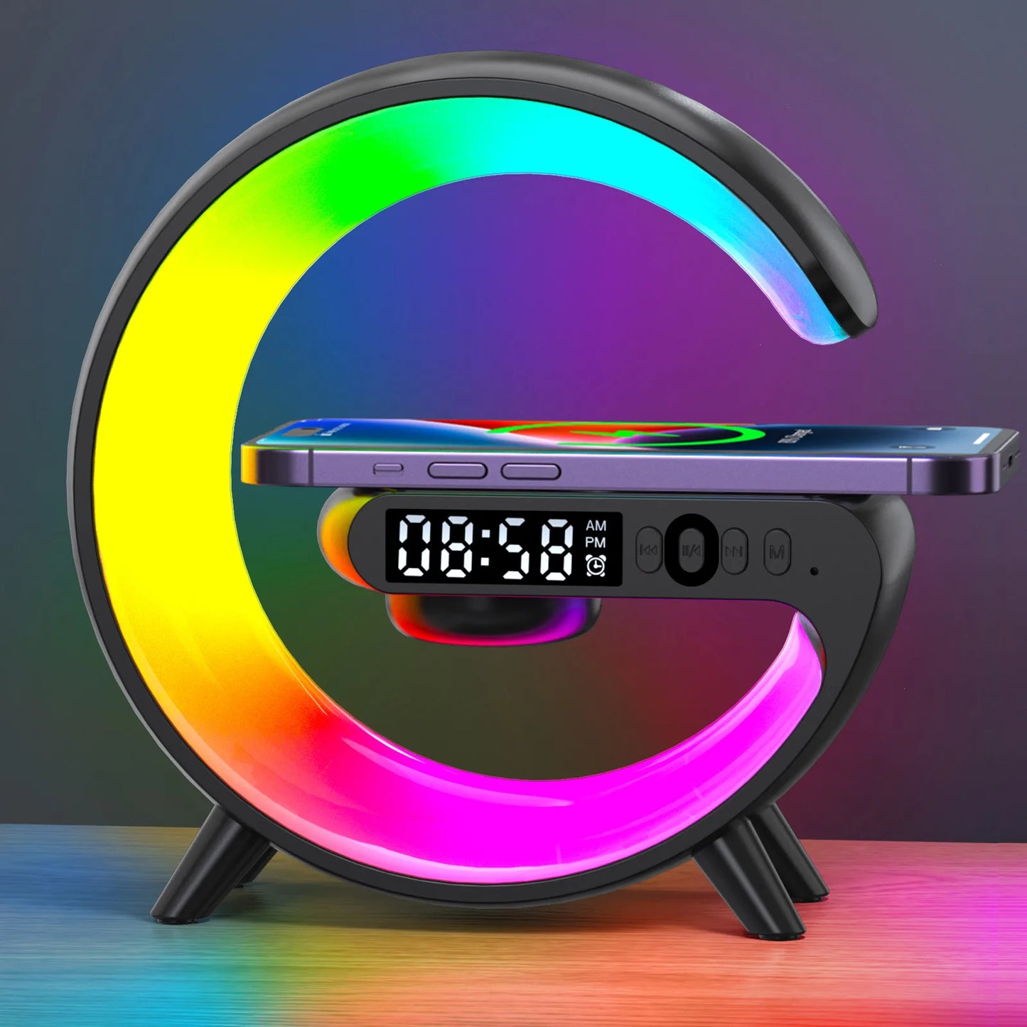 3-in-1 Fast Wireless Charger & Bluetooth Speaker with RGB Clock Light – For iPhone & Samsung