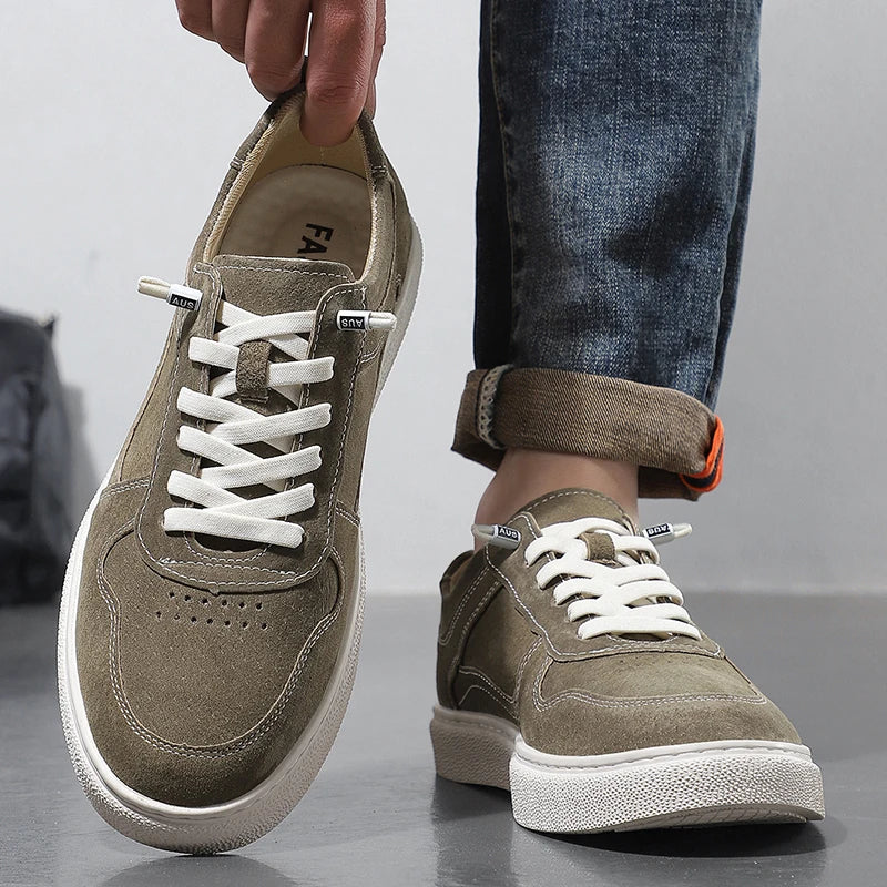 2025 Real Leather Men’s Sneakers – Korean Trend Style with Thick White Sole
