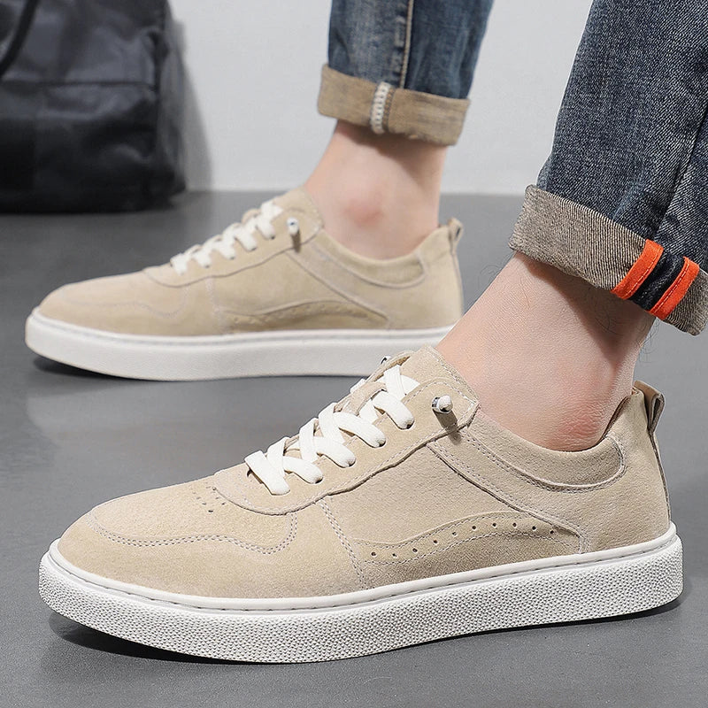 2025 Real Leather Men’s Sneakers – Korean Trend Style with Thick White Sole