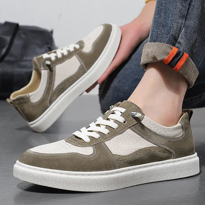 2025 Real Leather Men’s Sneakers – Korean Trend Style with Thick White Sole