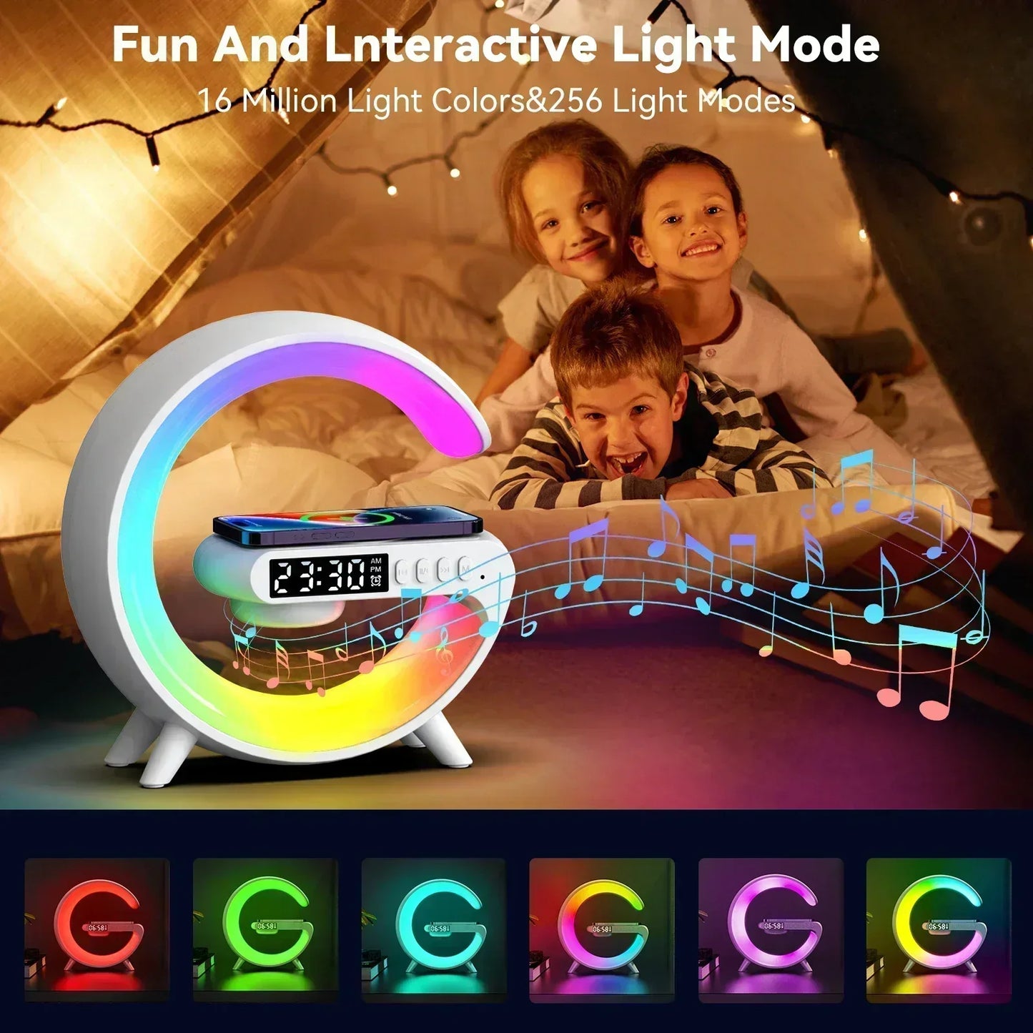 3-in-1 Fast Wireless Charger & Bluetooth Speaker with RGB Clock Light – For iPhone & Samsung